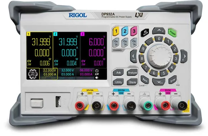 RIGOL DP932E 198 W 3-Channel Programmable DC Power Supply, product view (DP900 Series shown)