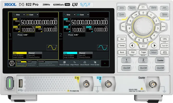 RIGOL DG822 Pro 25 MHz 2-Channel Arbitrary Waveform Generator, product view (DG800 Pro Series shown)