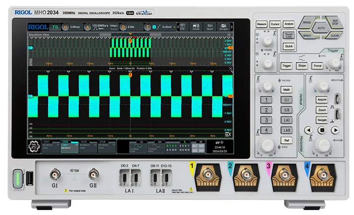 RIGOL MHO2024 200 MHz 4-Channel 12-bit Mixed Signal Oscilloscope, front view (MHO2034 shown)
