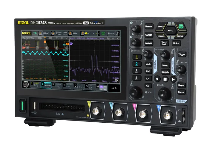 RIGOL DHO914S 125 MHz 4-Channel 12-bit Mixed Signal Oscilloscope, left view (DHO924 shown)